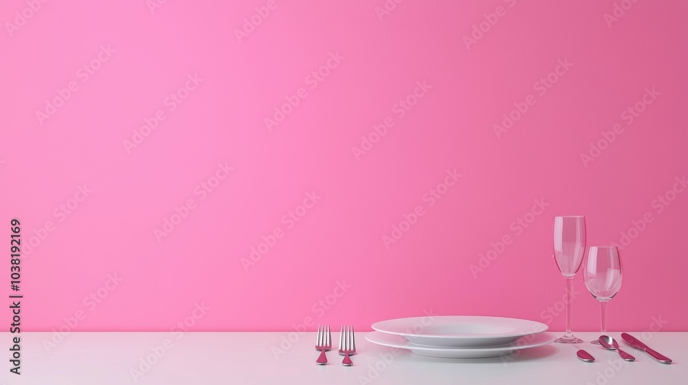Elegant Dinner Setting with White Plates and Glassware on Pink Background for Modern Dining Concepts Elegant Dinner Setting with White Plates and Glassware on Pink Background for Modern Dining Concepts
