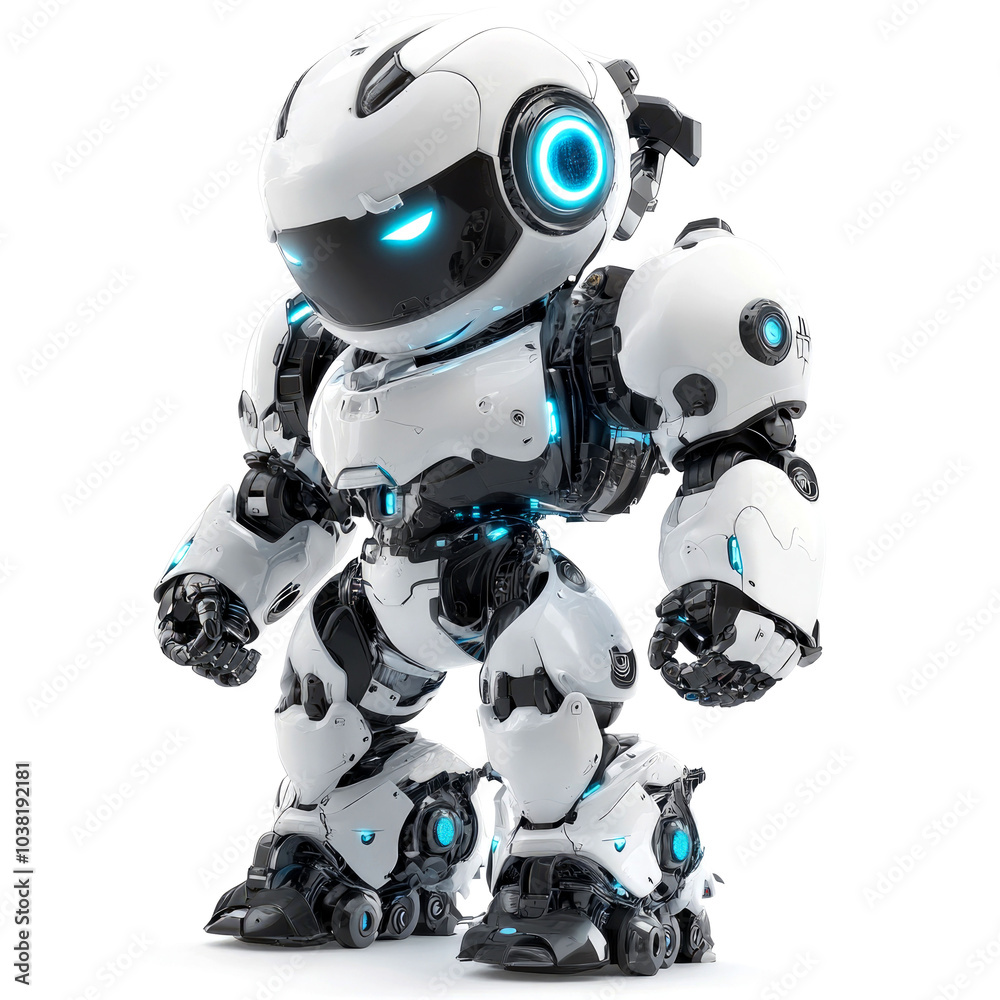 A small, white robot with blue glowing eyes stands on a white background.