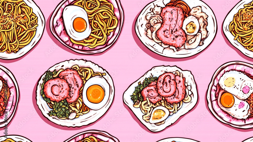 A vibrant pattern of various noodle dishes, each featuring a soft boiled egg, meat, and colorful vegetables, displayed on white plates over a pink background. A vibrant pattern of various noodle dishes, each featuring a soft boiled egg, meat, and colorful vegetables, displayed on white plates over a pink background.