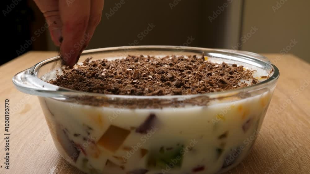 Chocolate shavings are added to the hardened dessert jelly. Preparation of gelatin desserts. Chocolate shavings are added to the hardened dessert jelly. Preparation of gelatin desserts.