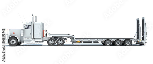 Semi Truck with Lowboy Platform Trailer 3D rendering on white background