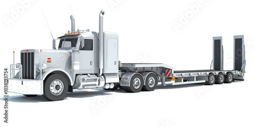 Semi Truck with Lowboy Platform Trailer 3D rendering on white background