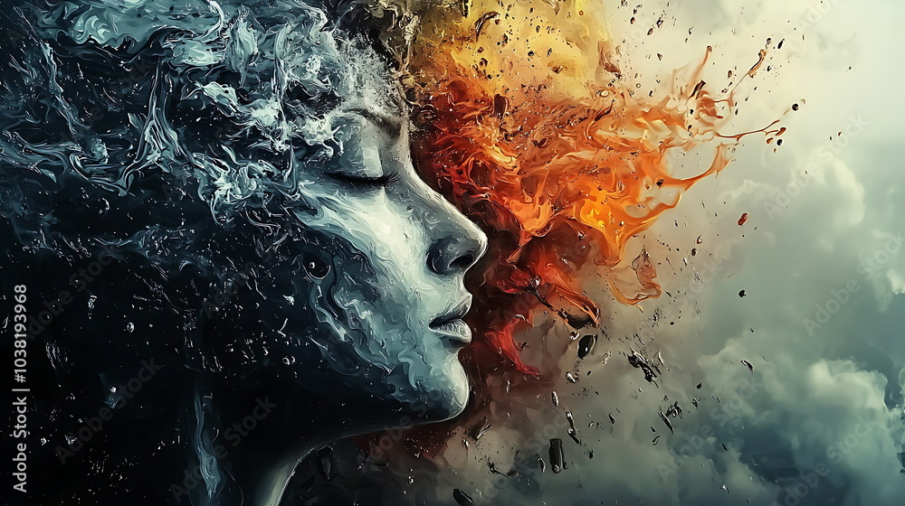 Conceptual art exploring the emotional dichotomy of human experience through contrasting elements of fire and water Conceptual art exploring the emotional dichotomy of human experience through contrasting elements of fire and water