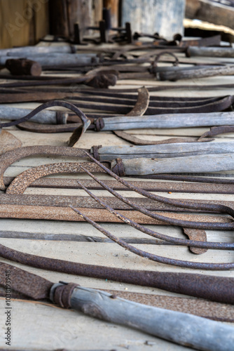 various old farm tools in the blacksmith's forge photo