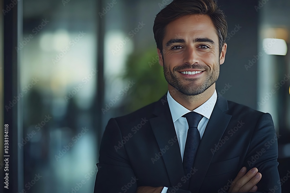 Confident Businessman in Suit, Standing and Smiling Confident Businessman in Suit, Standing and Smiling