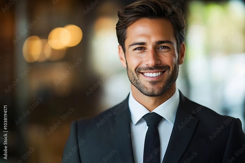 Confident Businessman in Suit with Warm Smile, Indoor Portrait Confident Businessman in Suit with Warm Smile, Indoor Portrait