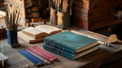A cozy bookbinding workshop with bookbinding tools and colorful threads, Bookbinding tools and artisanal book covers neatly organized, Literary artisan style photo