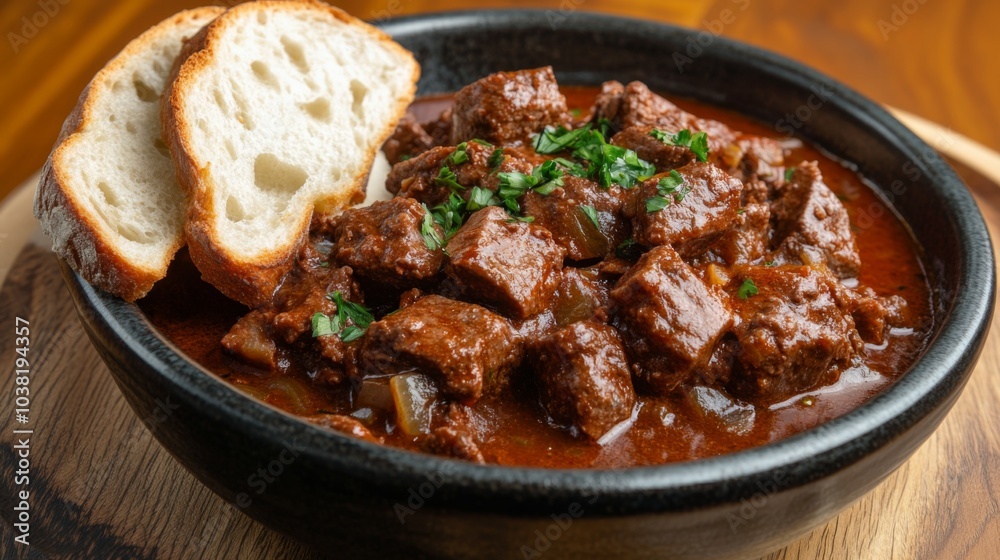 Goulash Served with Bread on Wooden Table Goulash Served with Bread on Wooden Table
