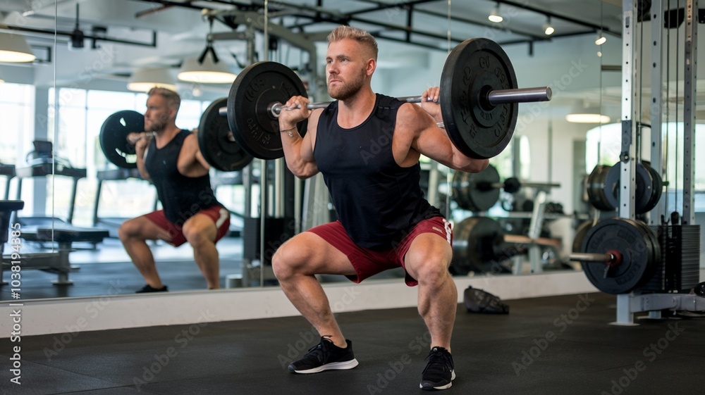 Fitness Trainer Performing Squats in a Modern Gym Fitness Trainer Performing Squats in a Modern Gym