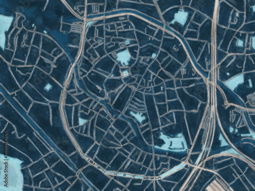 Foto Painterly Style City Map of Mechelen Centrum, Belgium in a Blue Color Scheme