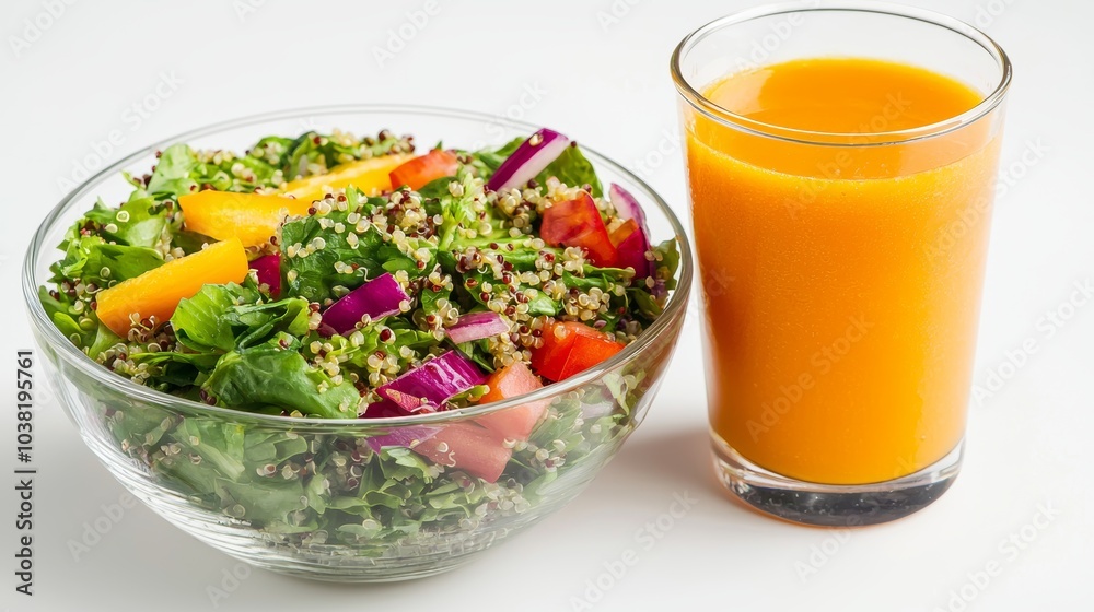 Healthy Lunch Break: Fresh Salad with Quinoa and Vegetables Paired with a Glass of Orange Juice on a White Background Healthy Lunch Break: Fresh Salad with Quinoa and Vegetables Paired with a Glass of Orange Juice on a White Background