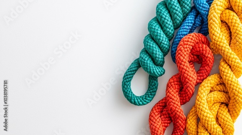 Colorful Adventure Equipment Ropes for Camping and Climbing on White Background