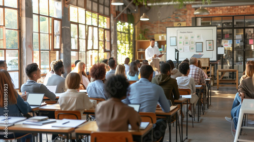 Business Professionals Engaged in Office Presentation with Natural Light, workforce, Focused Learning Environment