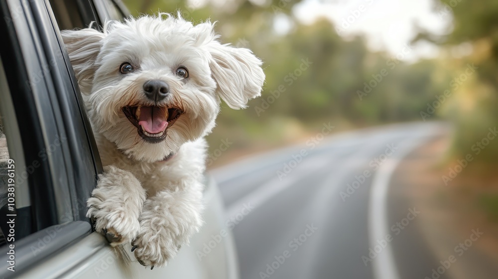happy dog with head out of the car window having fun happy dog with head out of the car window having fun