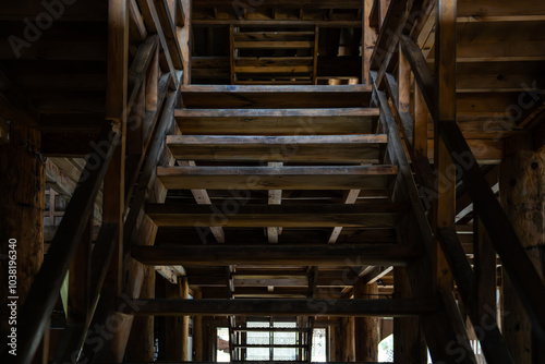 wooden stairway in the building