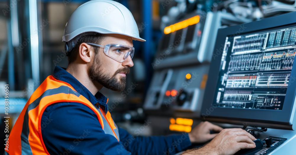 Focused industrial technician analyzing data on computer screen in modern manufacturing environment with safety gear Focused industrial technician analyzing data on computer screen in modern manufacturing environment with safety gear