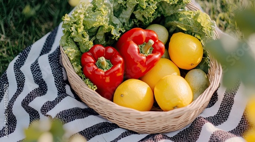 A wicker basket with vibrant vegetables and fruits, such as red peppers, lemons, and lettuce, sitting on a picnic blanket. --chaos
