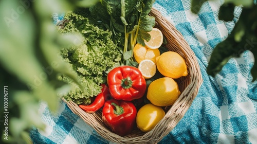 A wicker basket with vibrant vegetables and fruits, such as red peppers, lemons, and lettuce, sitting on a picnic blanket. --chaos