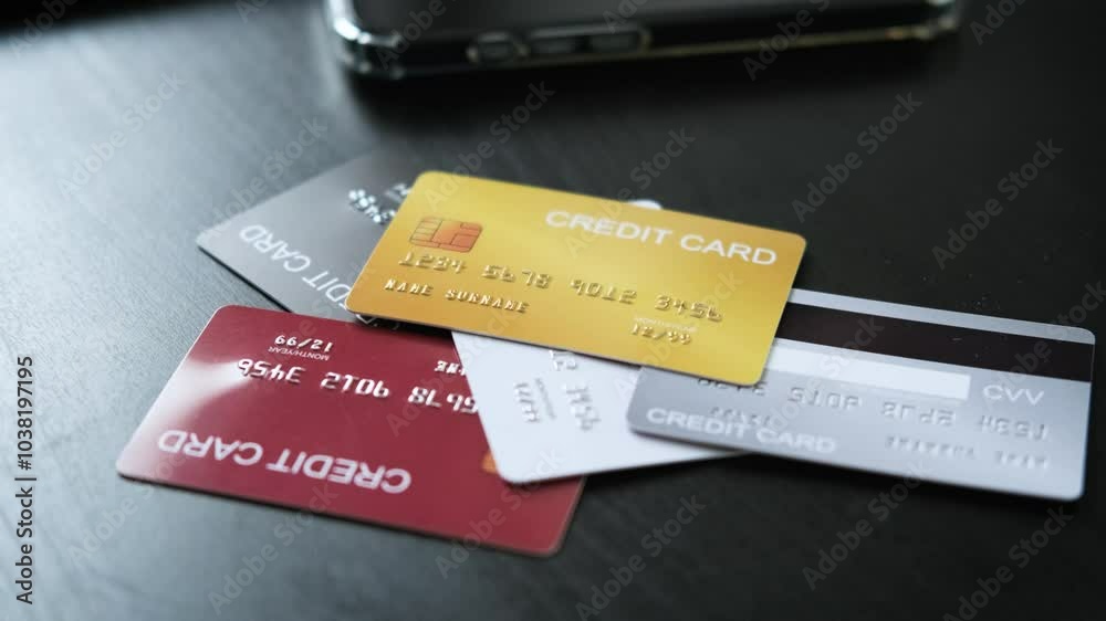 Hand selecting a credit card from multiple options on the table, representing financial flexibility and secure choices for online shopping, e-commerce payments, and digital transactions economy.