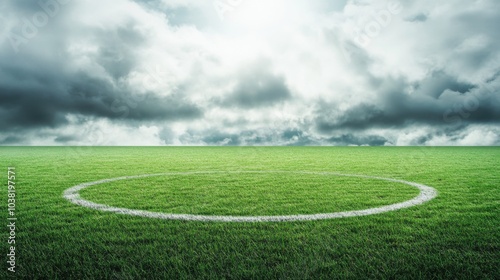 A soccer field's penalty spot with the grass and painted spot details, outdoor setting under cloudy skies, Sharp style