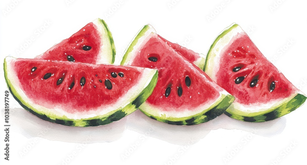 Watermelon slices by Barker, cut into small pieces. The watermelons have deep red skin and juicy seeds, which add to their vibrant color and refreshing taste. Watermelon slices by Barker, cut into small pieces. The watermelons have deep red skin and juicy seeds, which add to their vibrant color and refreshing taste.