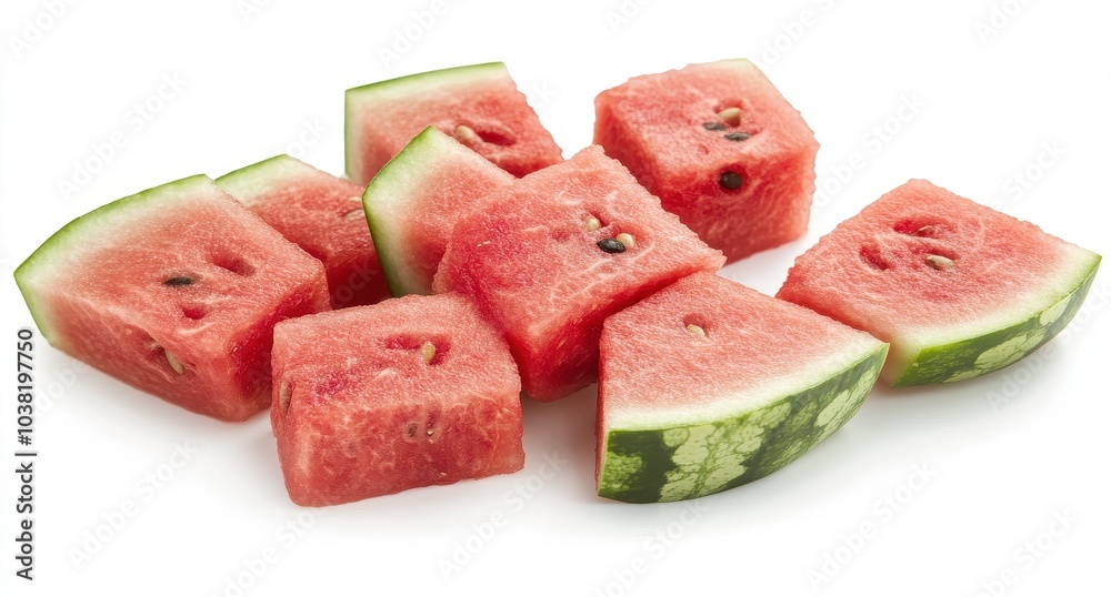 Watermelon slices by Barker, cut into small pieces. The watermelons have deep red skin and juicy seeds, which add to their vibrant color and refreshing taste. Watermelon slices by Barker, cut into small pieces. The watermelons have deep red skin and juicy seeds, which add to their vibrant color and refreshing taste.