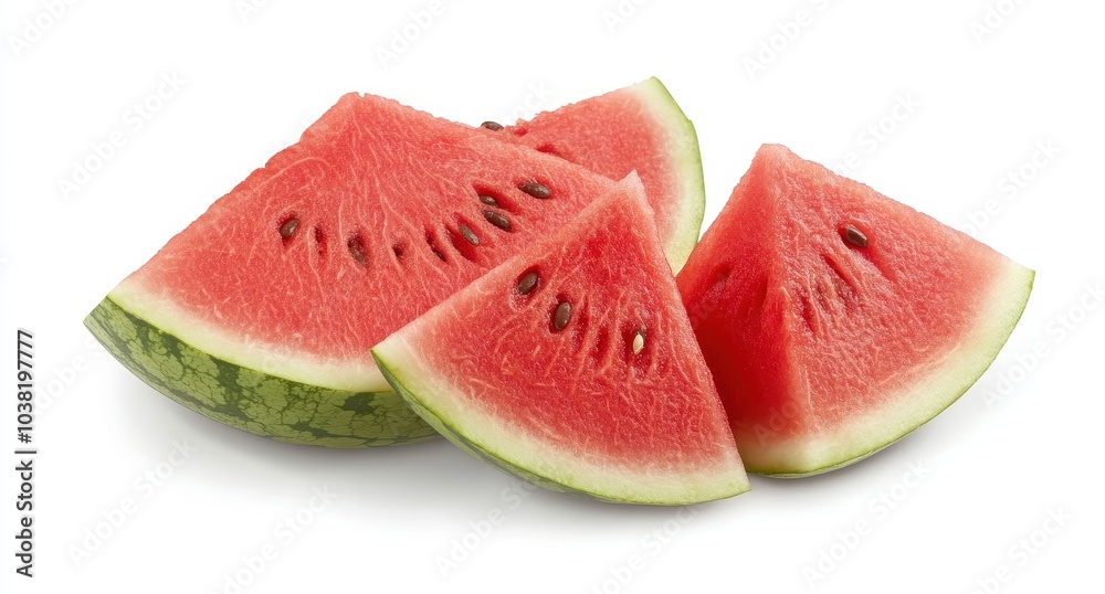 Watermelon slices by Barker, cut into small pieces. The watermelons have deep red skin and juicy seeds, which add to their vibrant color and refreshing taste. Watermelon slices by Barker, cut into small pieces. The watermelons have deep red skin and juicy seeds, which add to their vibrant color and refreshing taste.