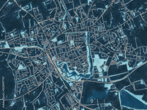 Painterly Style City Map of Ieper, Belgium in a Blue Color Scheme.