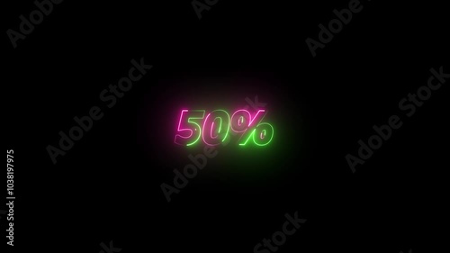 50 percent neon glowing sign on black background loop animation. 4k video text Animated.