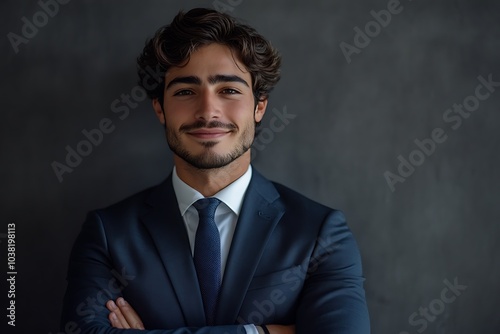 Confident Businessman Smiling in Blue Suit, Grey Background Portrait