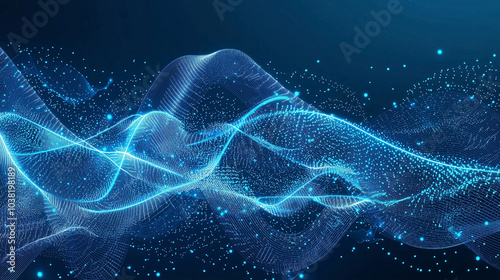 Abstract digital mesh with flowing waves and light points, creating a futuristic background for modern digital platforms.