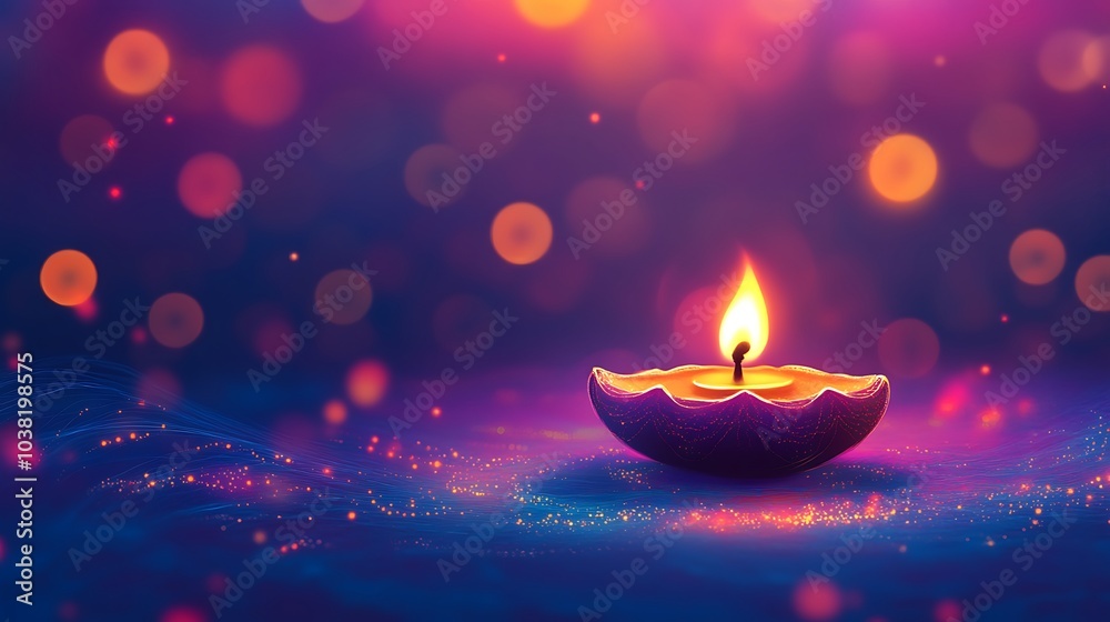 A single lit candle with a purple and gold shell, on a dark blue background with golden bokeh lights. A single lit candle with a purple and gold shell, on a dark blue background with golden bokeh lights.