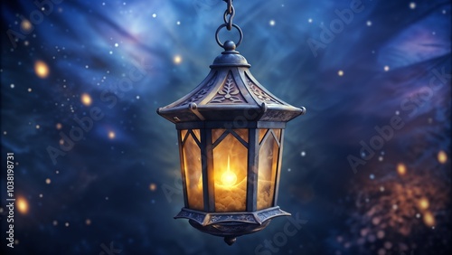 ntique lantern glowing against a mystical blue background
 photo