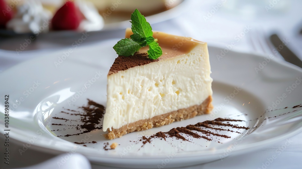 A slice of cheesecake with a sprig of mint on top. A slice of cheesecake with a sprig of mint on top.