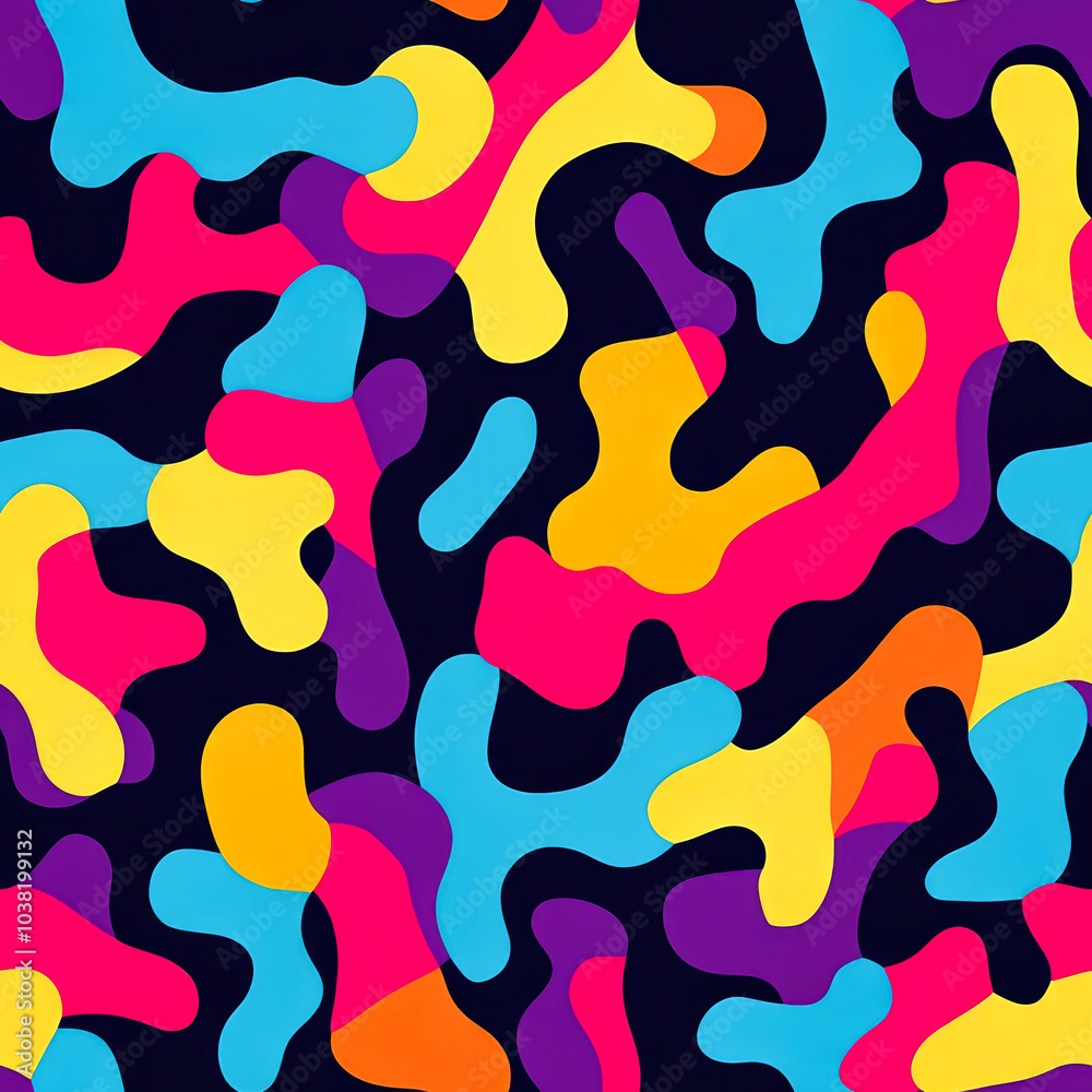 Abstract seamless pattern with colorful shapes on black background. Abstract seamless pattern with colorful shapes on black background.