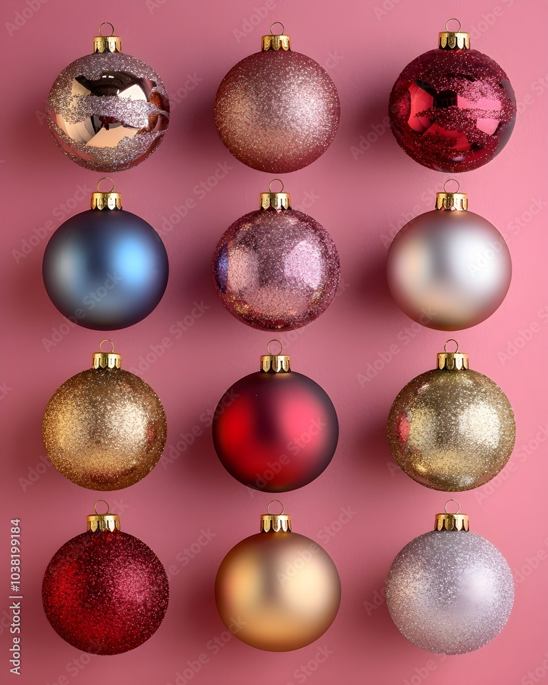 Festive Christmas ornaments arranged in a grid pattern Festive Christmas ornaments arranged in a grid pattern