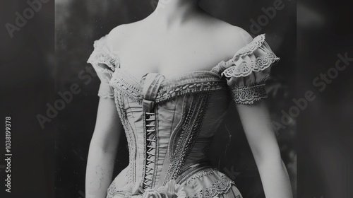 A vintage black and white photo of a woman wearing a corset.