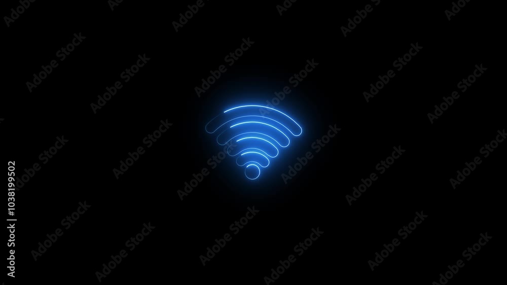 Abstract neon sing wifi icon animation This blue wifi signal icon displayed in the center of an urban street. Abstract neon sing wifi icon animation This blue wifi signal icon displayed in the center of an urban street.