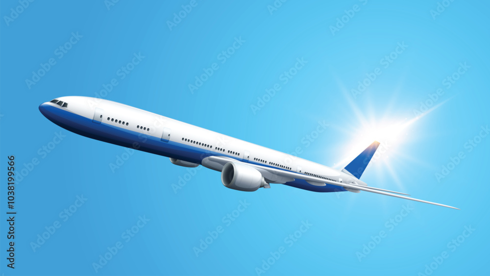 Fototapeta premium Vector 3d airplane in blue background. Airplane concept. Plane Air transportation.Advertising banner. Airplane flying in sky. Airplane concept. Plane Air transportation.Advertising banner. 
