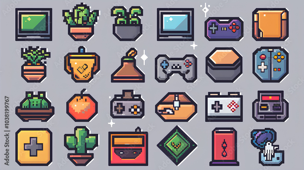 Obraz premium Pixel Art Game Console and Accessories Icons Set