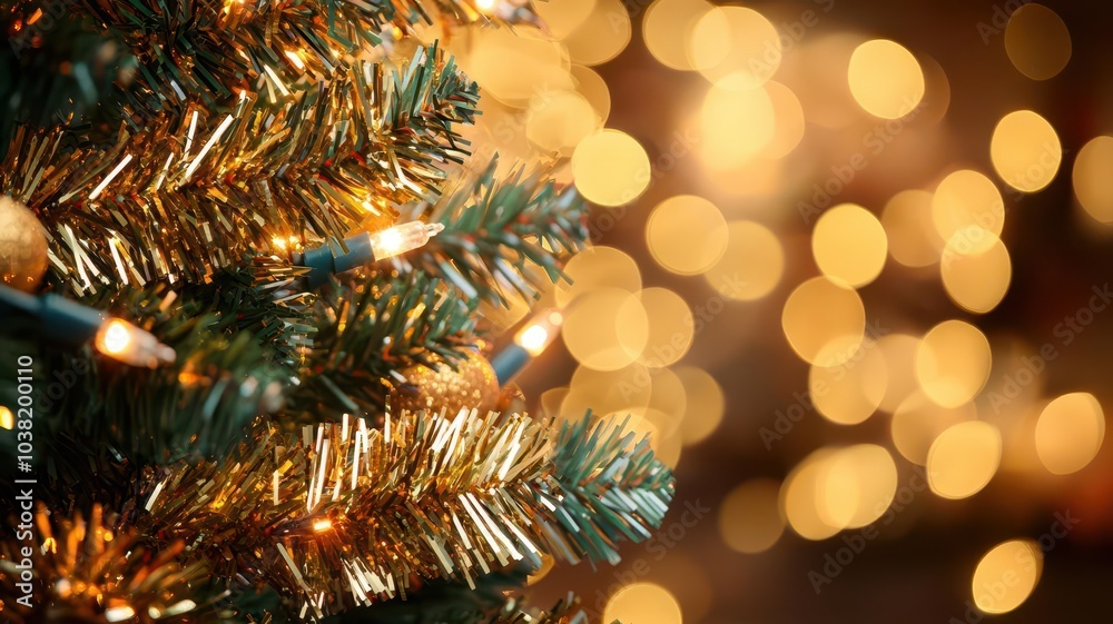 A close-up of a Christmas tree with shimmering lights and golden decorations, creating a festive and warm atmosphere. A close-up of a Christmas tree with shimmering lights and golden decorations, creating a festive and warm atmosphere.