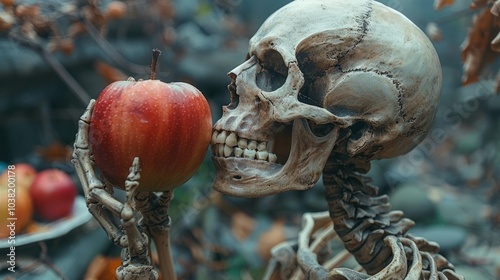 A skeleton gently cradles a bright red apple, surrounded by colorful autumn leaves, creating a playful and slightly eerie atmosphere