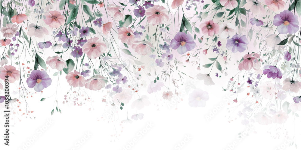 Fototapeta Wildflowers floral watercolor seamless pattern on white background. Wild fields herbs flower bouquet frame border. Illustration, wedding stationery, wallpapers, fashion, textile, prints, baby shower.