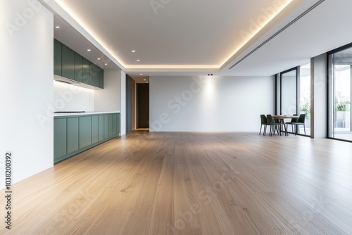 Modern minimalist kitchen and living room design with natural light and elegant finishes