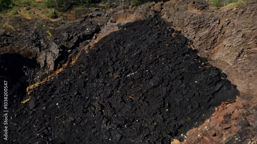 Geological section of soil, layers of coal and rock. Overburden open mine anthracite. Dark texture black color, zoom in. slow motion. 4K video Geological section of soil, layers of coal and rock. Overburden open mine anthracite. Dark texture black color, zoom in. slow motion. 4K video