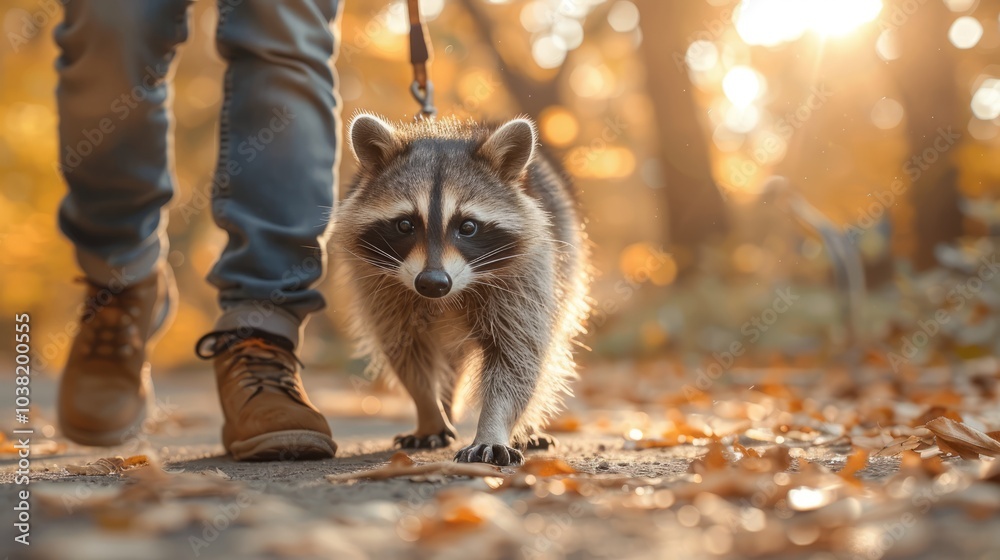 Fototapeta premium As sunlight filters through the trees, a raccoon playfully walks beside its owner, surrounded by a vibrant carpet of autumn leaves