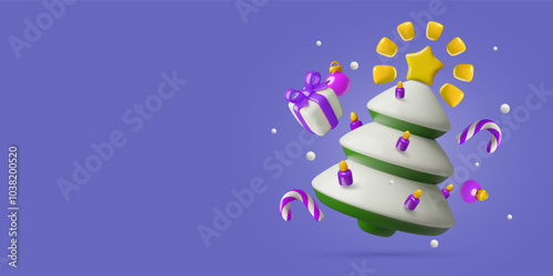 3d Christmas and New Year tree background with star, snow, presents and holiday decorations. Minimal three dimensional cute vector illustration. 