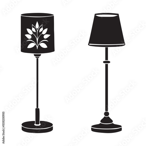 Lamp silhouette icon set. Black color logos floor lamp, nightlights, chandeliers ceiling lamp, table lamp. Modern interior light furniture