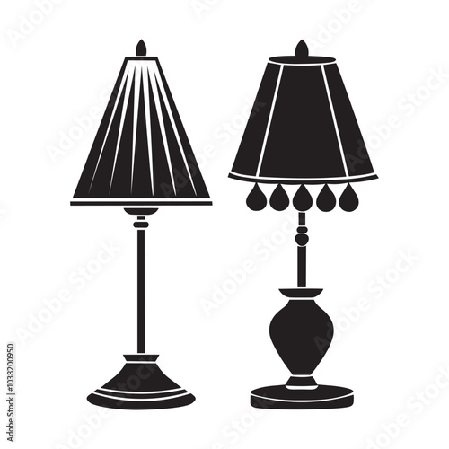Lamp silhouette icon set. Black color logos floor lamp, nightlights, chandeliers ceiling lamp, table lamp. Modern interior light furniture