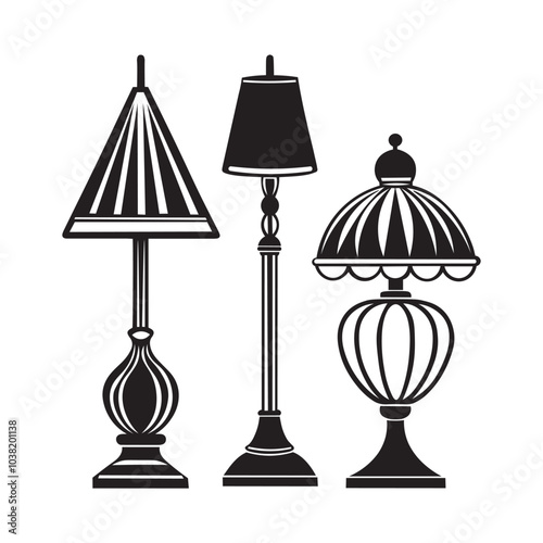 Lamp silhouette icon set. Black color logos floor lamp, nightlights, chandeliers ceiling lamp, table lamp. Modern interior light furniture